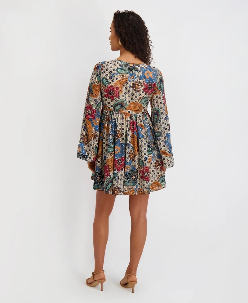 kensie Women's Printed-Chiffon Long-Sleeve Fit and Flare Dress