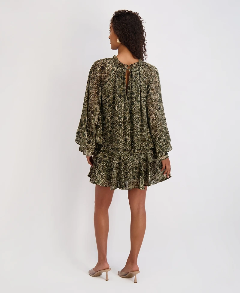 kensie Women's Printed Ruffled Volume-Sleeve Tiered Dress