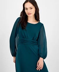 Connected Petite Shirred-Waist Sheer-Sleeve Midi Dress