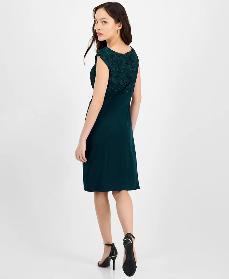 Connected Petite Textured-Bodice Boat-Neck Cap-Sleeve Dress