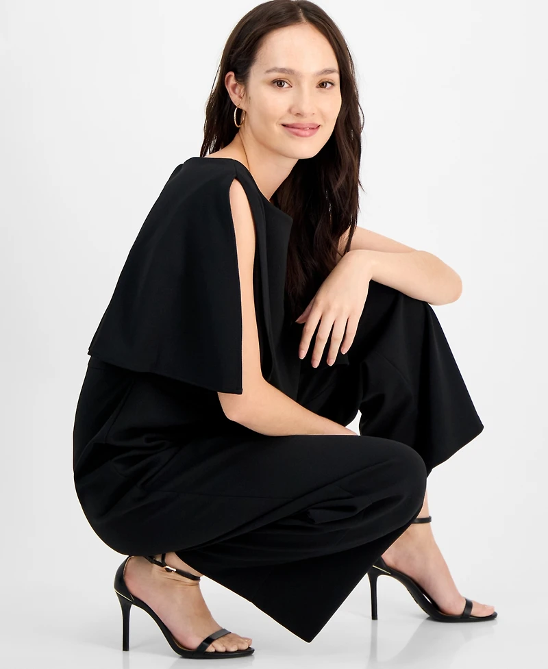 Connected Petite Cape-Sleeve Round-Neck Wide-Leg Jumpsuit