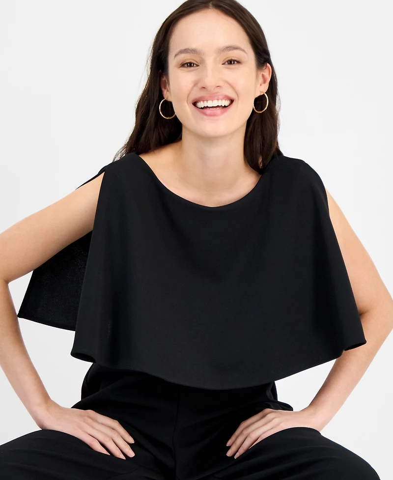 Connected Petite Cape-Sleeve Round-Neck Wide-Leg Jumpsuit