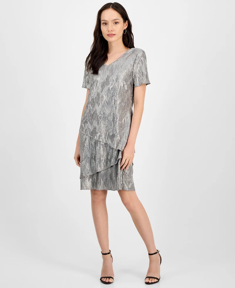 Connected Petite Tiered Short-Sleeve V-Neck Dress