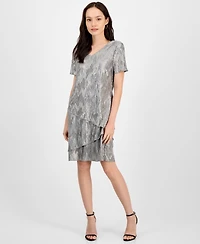 Connected Petite Tiered Short-Sleeve V-Neck Dress