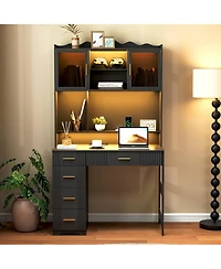 Vlsrka Office study computer desk with charging station and Led lights