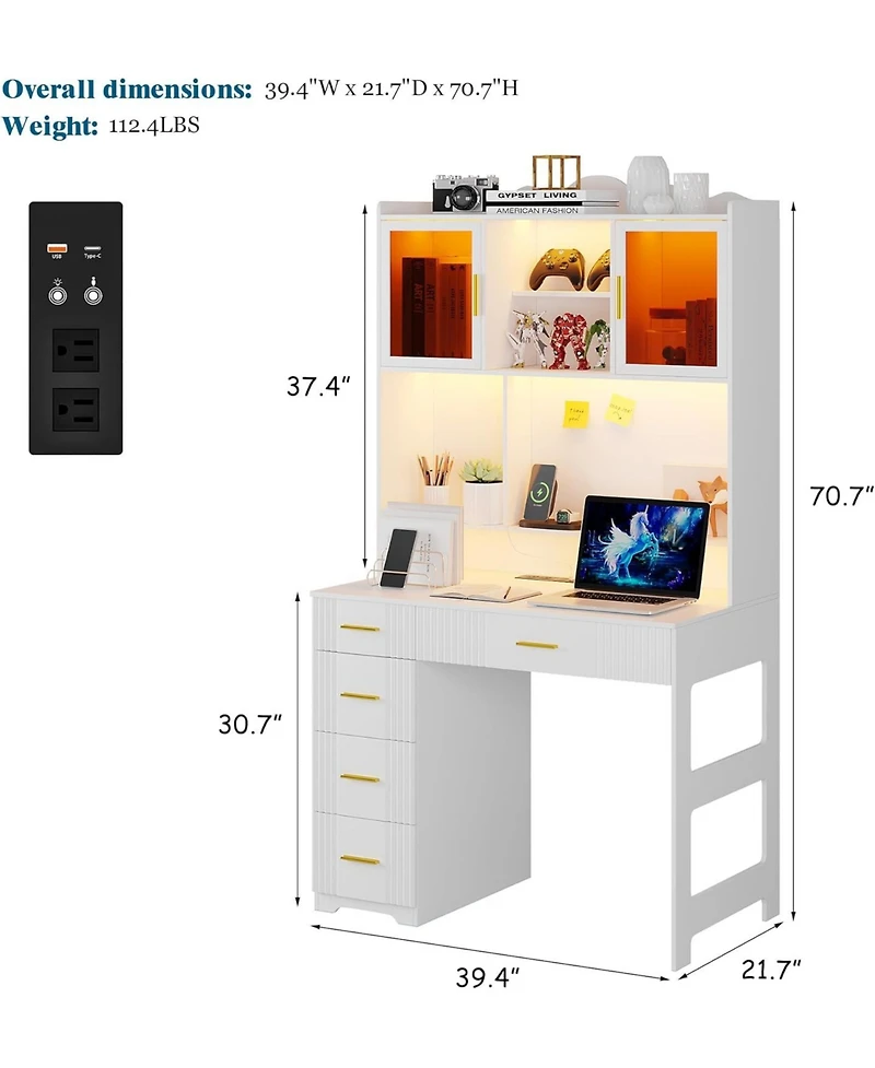 Vlsrka Office study computer desk with charging station and Led lights