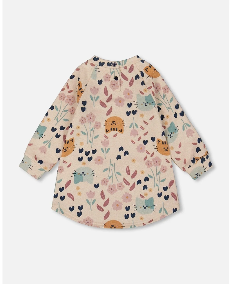 Deux par Baby Girls Glittering French Terry Dress Beige Printed Cat