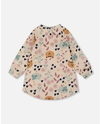 Deux par Baby Girls Glittering French Terry Dress Beige Printed Cat