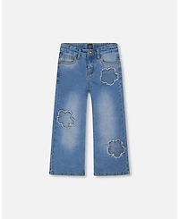 Deux par Toddler Girls Wide Leg Stretch Light Blue Denim Jeans with Flower Stitching - Toddler|Child