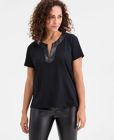 Jm Collection Women's Faux-Leather-Trim Split-Neck Top, Macy's Exclusive