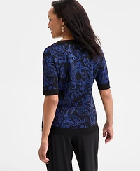 Jm Collection Women's Jacquard Crewneck Elbow-Sleeve Sweater, Macy's Exclusive