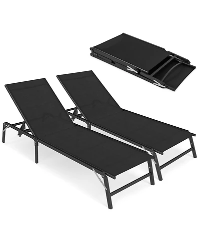 Gymax 2 Pcs Reclining Lounge Chairs Folding Patio Recliner Chair w/5-position Backrest