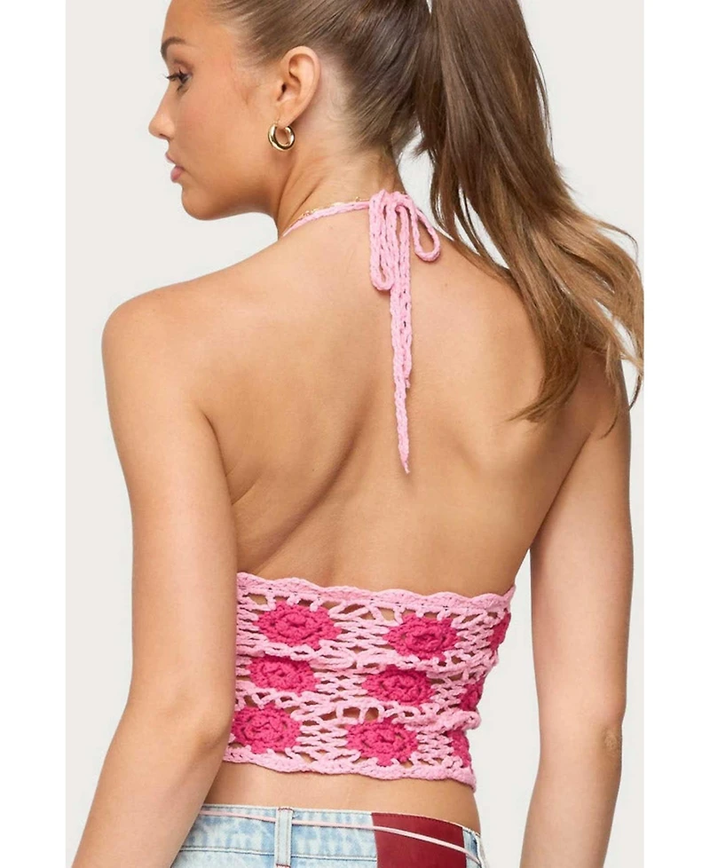 Edikted Womens Contrast Floral Crochet Halter Top