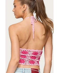 Edikted Womens Contrast Floral Crochet Halter Top