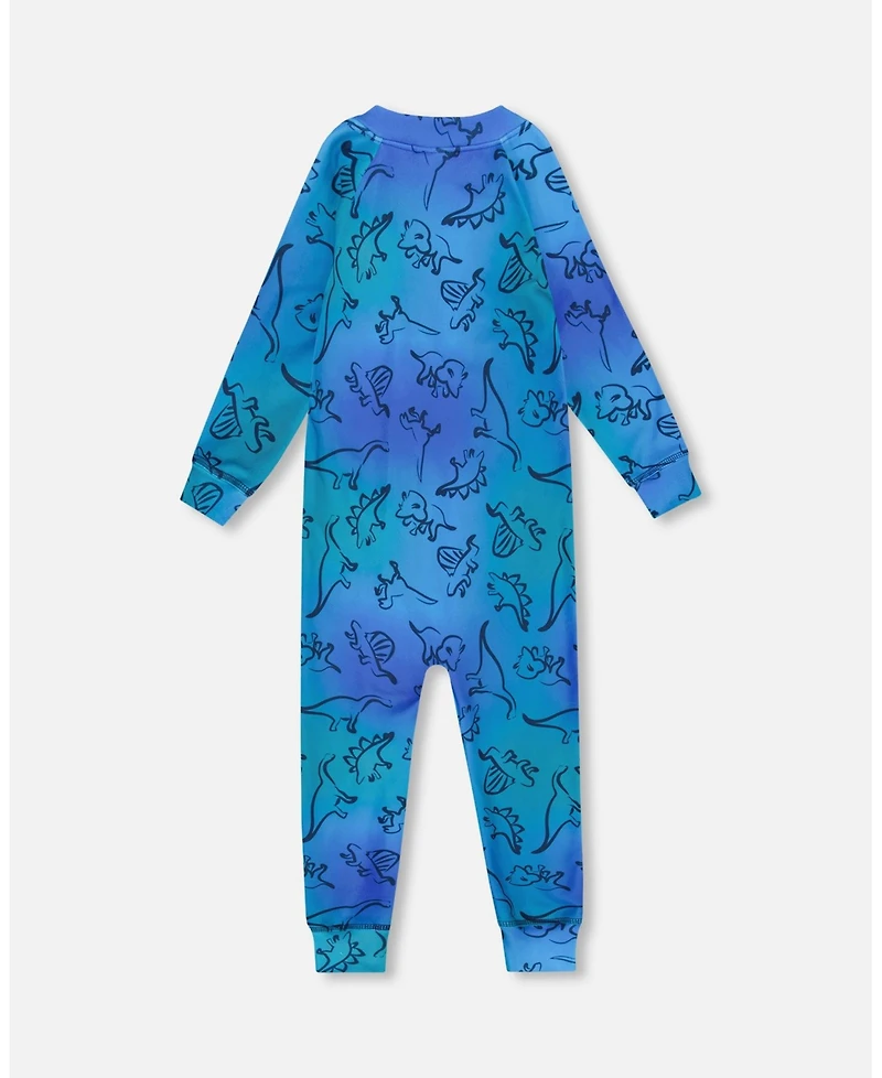 Deux par Toddler Boys One-Piece Thermal Underwear Blue Gradient Dinosaur Print - Toddler|Child