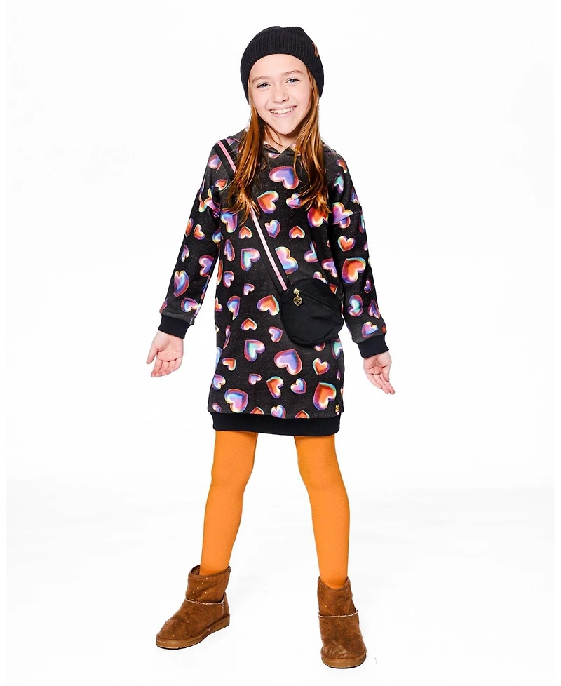 Deux par Girl Hooded Fleece Dress Black and Multicolor with Trompe-l Bag Detail - Child