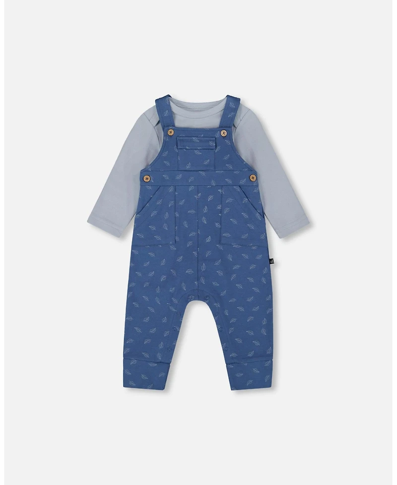 Deux par Baby Boy Cotton Onesie and Overalls Set Blue Leaf Print