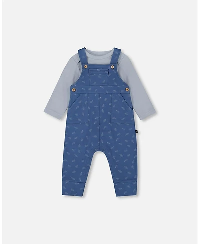 Deux par Baby Boy Cotton Onesie and Overalls Set Blue Leaf Print