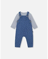 Deux par Baby Boy Cotton Onesie and Overalls Set Blue Leaf Print