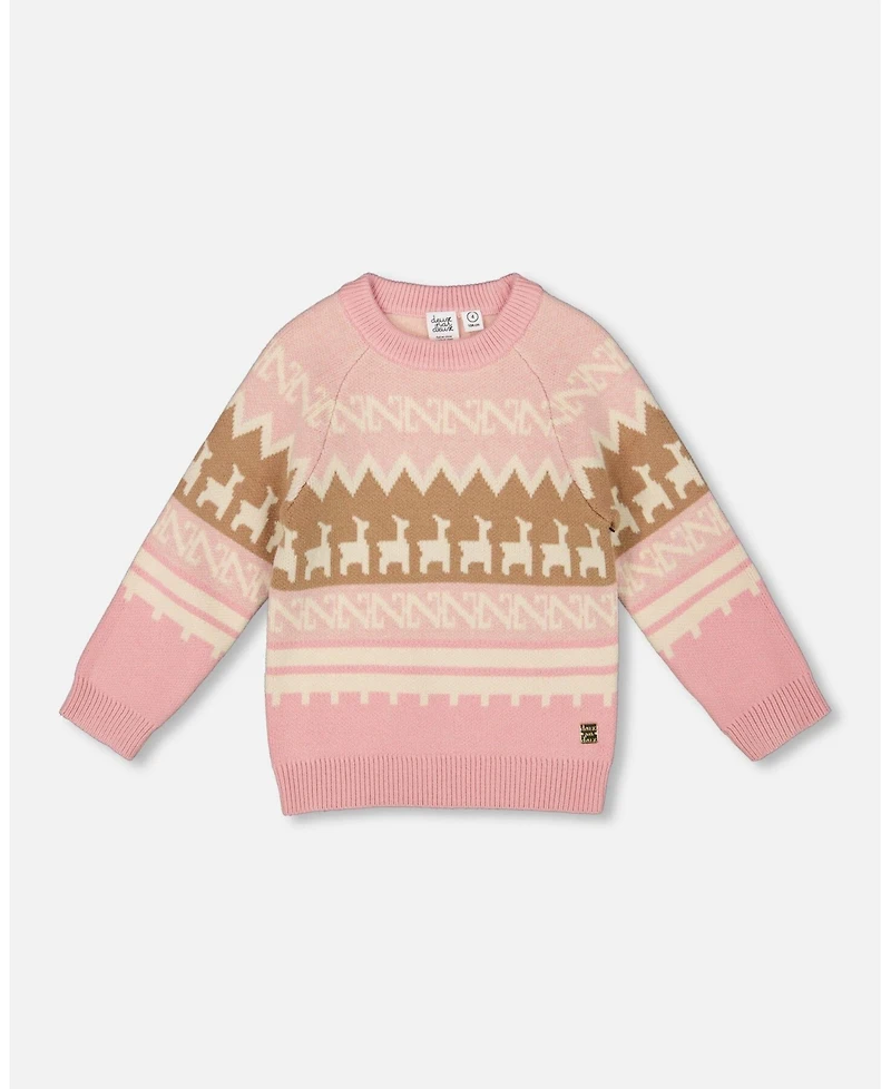 Deux par Big Girls Llama Jacquard Sweater Dusty Pink
