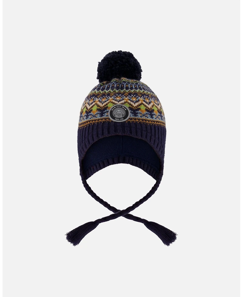 Deux par Boy Lined Peruvian Knit Hat with Pompom Taupe and Navy - Toddler|Child