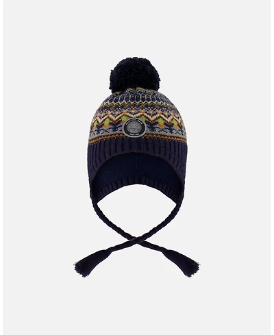 Deux par Boy Lined Peruvian Knit Hat with Pompom Taupe and Navy - Toddler|Child