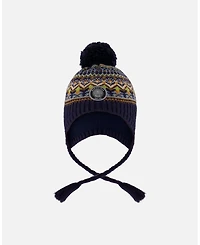 Deux par Boy Lined Peruvian Knit Hat with Pompom Taupe and Navy - Toddler|Child