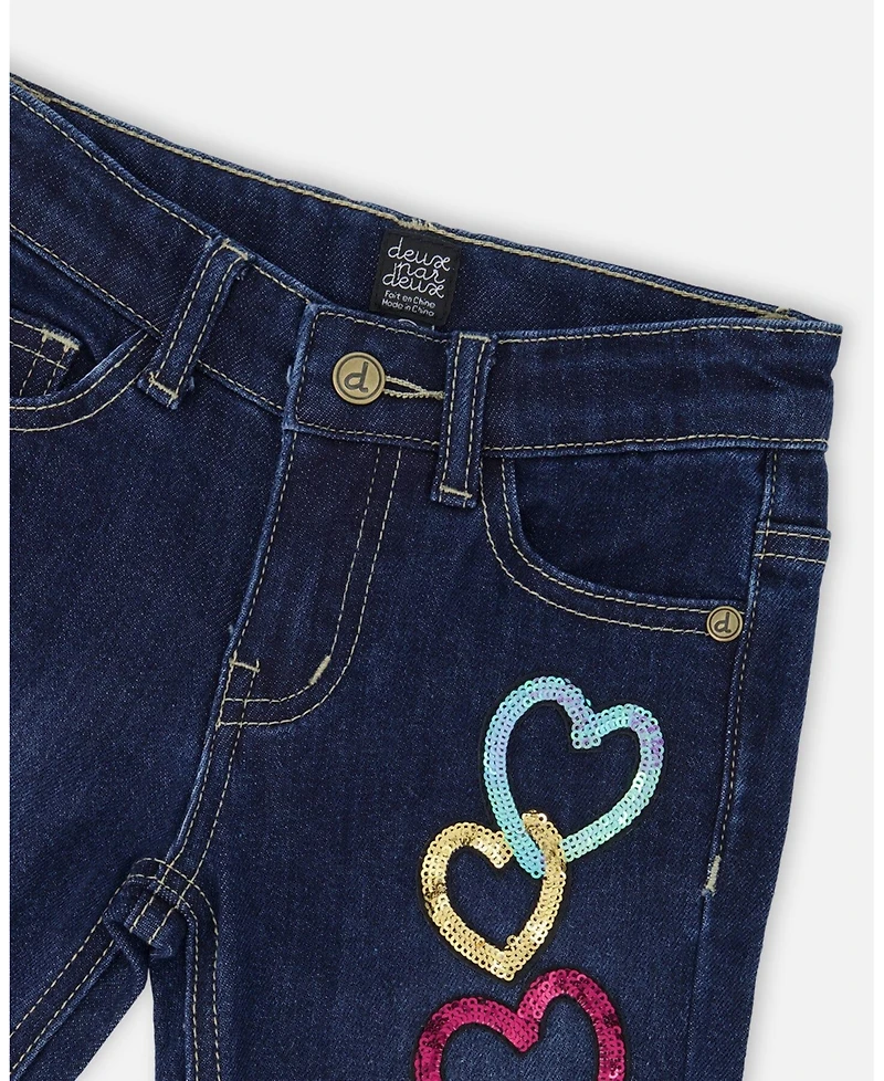 Deux par Girl Stretch Jeans Blue Denim with Glittery Hearts - Child
