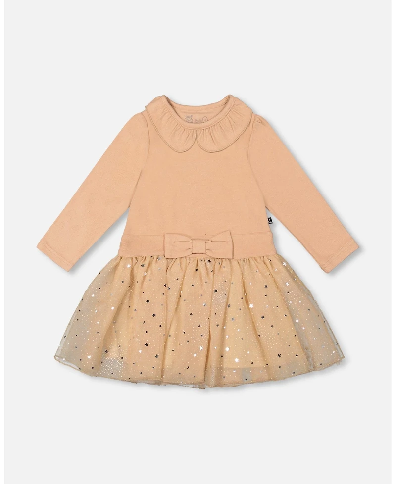 Deux par Big Girls Bi-Material Dress with Glittering Skirt Beige