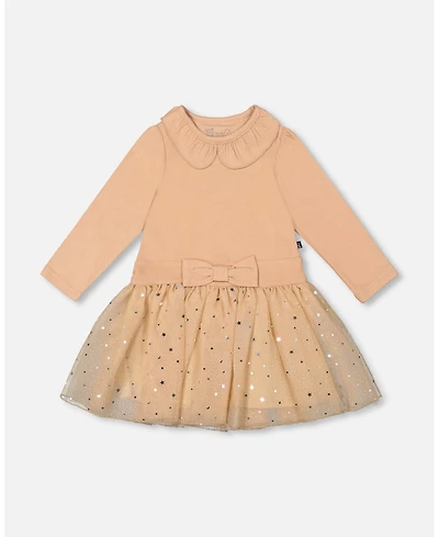 Deux par Big Girls Bi-Material Dress with Glittering Skirt Beige