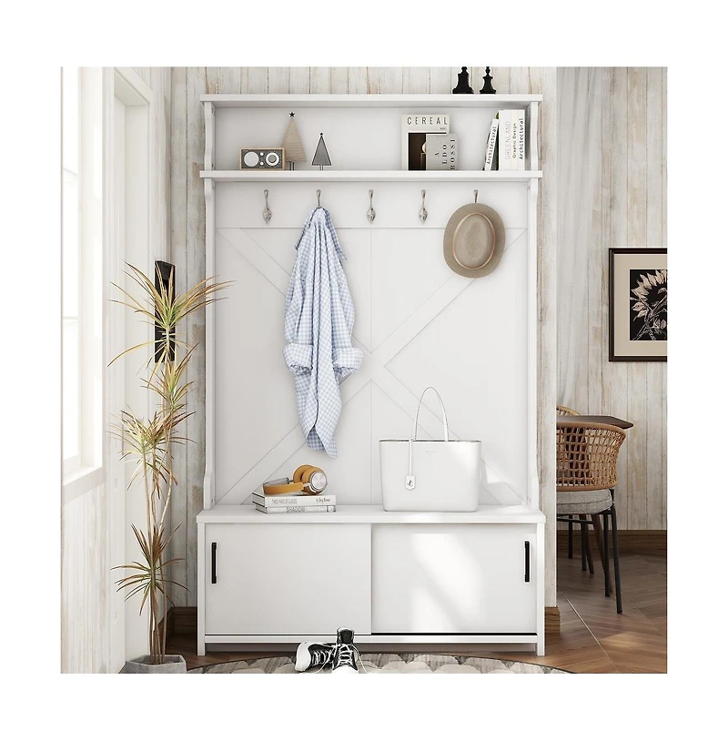 Vanirror 3-in-1 Entryway Hall Tree Storage Bench w/ Coat Racks & Shoe Bench & Cabinet
