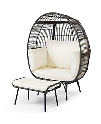 Gymax 2 Pcs Patio Wicker Lounge Basket Set Oversized Egg Chair w/ Soft Cushions