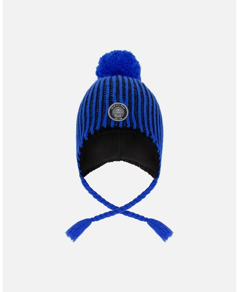 Deux par Boy Winter Peruvian Knit Hat with Pompom and Lining Black Blue - Toddler|Child
