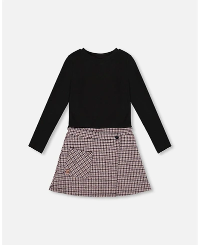 Deux par Big Girls Bi-Material Dress Black and Houndstooth