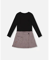 Deux par Big Girls Bi-Material Dress Black and Houndstooth