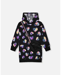 Deux par Little Girls Hooded Fleece Dress Black and Multicolor with Trompe-l Bag Detail - Toddler|Child