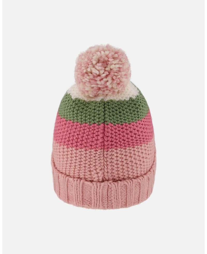 Deux par Girl Lined Knit Pompom Hat Pink and Green - Toddler|Child