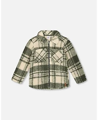 Deux par Boy Sherpa Long Sleeve Zip Front Overshirt Sage and Beige Plaid