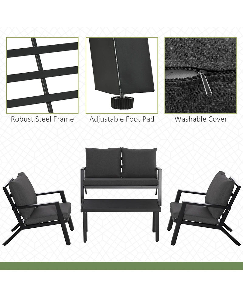 Outsunny 4pc Outdoor Furniture Set, Sofa, 2 Chairs, Table, Cushions,
