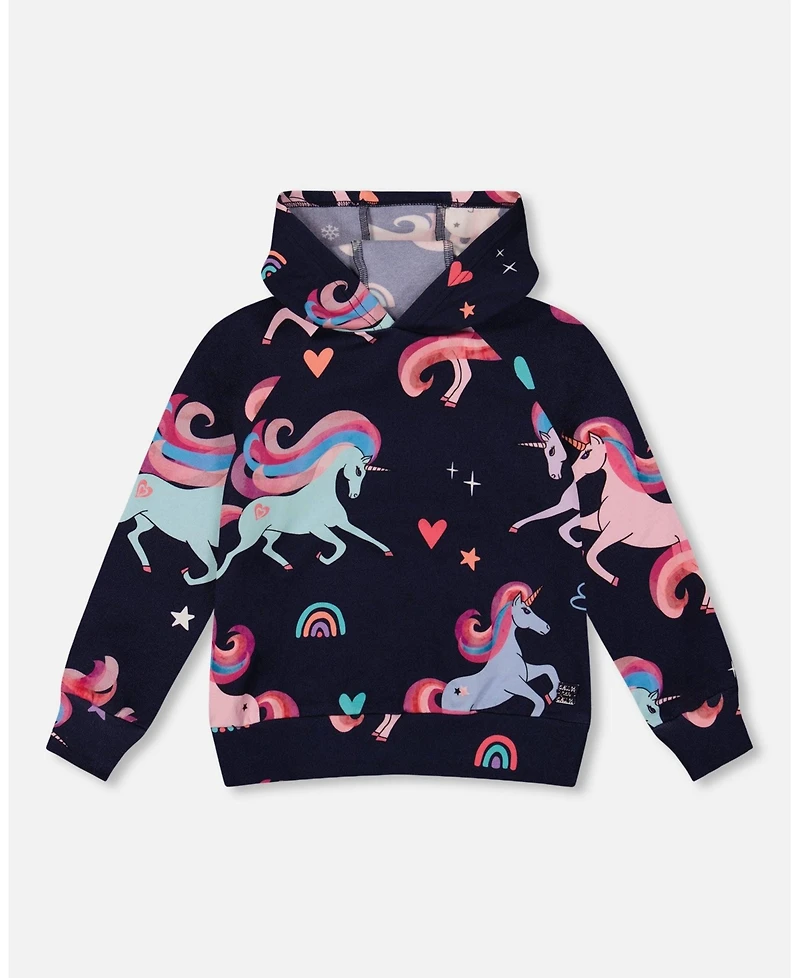 Deux par Girl Pullover Fleece Hoodie Navy Unicorn Print