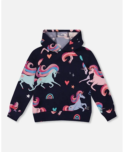 Deux par Girl Pullover Fleece Hoodie Navy Unicorn Print - Child