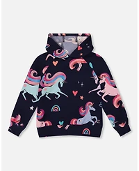 Deux par Girl Pullover Fleece Hoodie Navy Unicorn Print