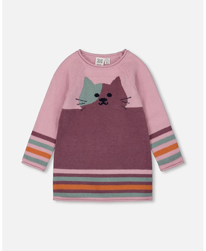 Deux par Girl Knitted Dress Dusty Pink with Cat - Toddler|Child