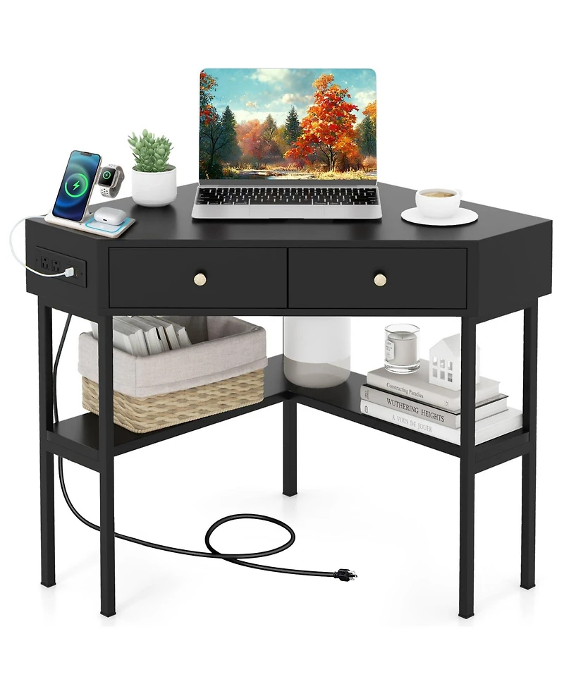 Mecale Space Saving Corner Computer Desk with 2 Large Drawers
