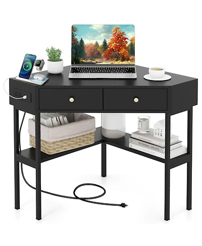 Mecale Space Saving Corner Computer Desk with 2 Large Drawers