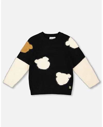 Deux par Girl Knitted Sweater Black with Bear Intarsia