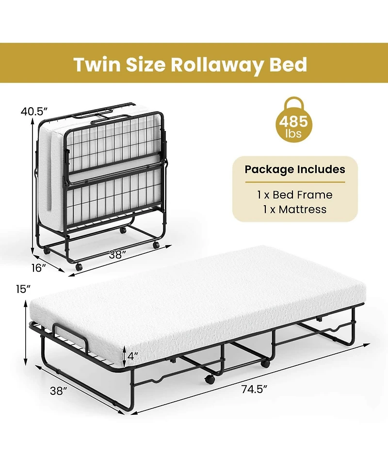 Costway Twin Size Folding Bed 38" x 75" Rollaway Guest Bed Portable Sleeper Bed