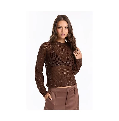 The Noli Shop Women's Lucie Sequin Crochet Top - Espresso