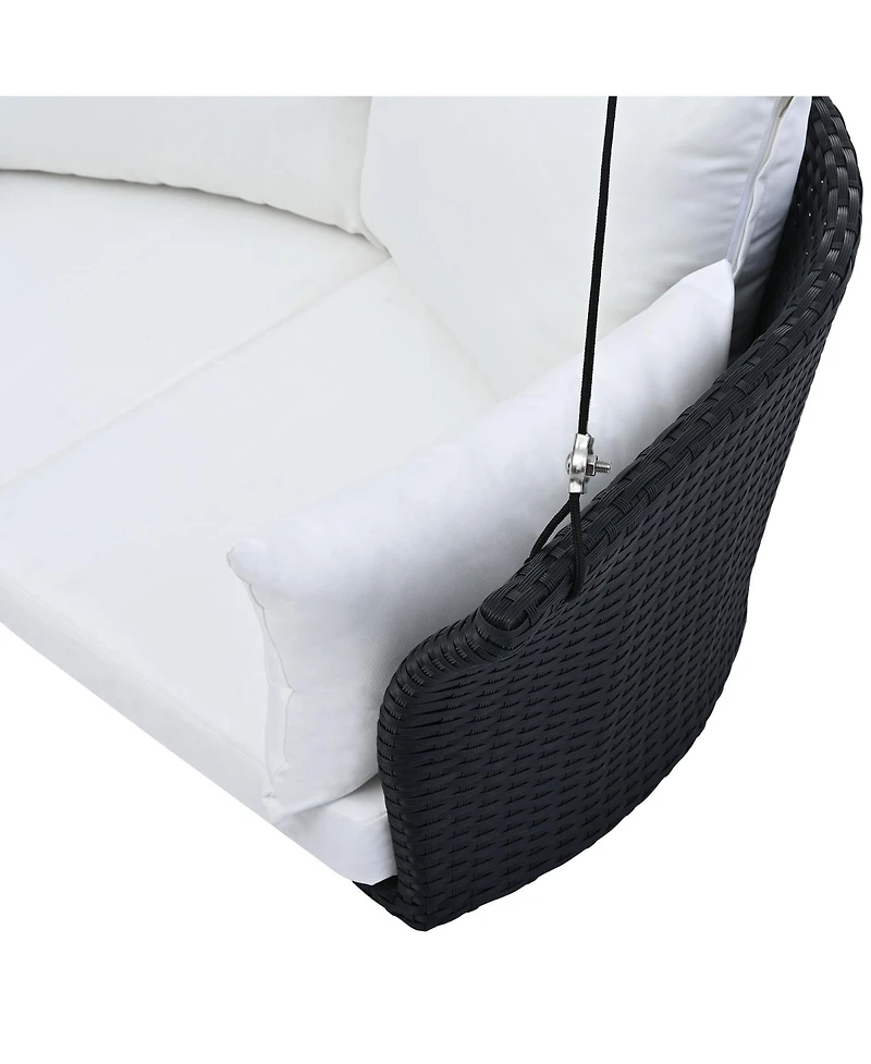 Flynama Go 51.9" 2-Person Hanging Seat, Rattan Woven Swing Chair, Porch Swing With Ropes, Black Wicker And White Cushion