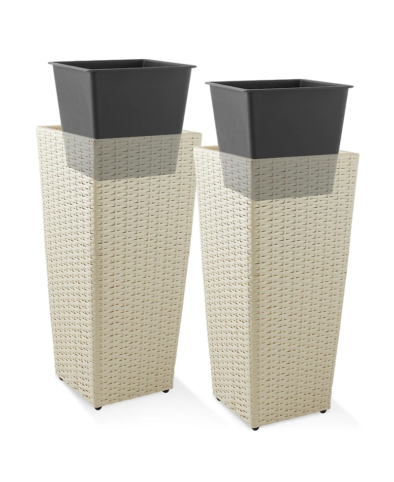 Casafield (Set of 2) All-Weather Outdoor Planters with Liners - White, Tall Tapered Plant Boxes with Flower Pots for Front Porch, Patio, Garden